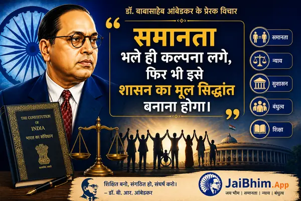 An inspirational digital poster featuring a portrait of Dr. B.R. Ambedkar on the upper left, next to a large text box containing a Hindi quote about equality. On the right, a vertical list displays icons and labels for equality, justice, good governance, fraternity, and education. The lower portion includes a book titled 'The Constitution of India', a golden scale of justice, a silhouette of a crowd with raised hands in front of the Indian parliament building, and branding for the 'JaiBhim.App' at the bottom right.