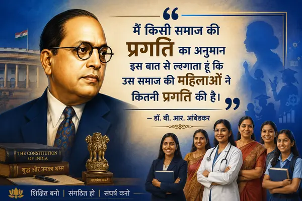 Portrait of Dr. B. R. Ambedkar with his famous quote about women's progress, accompanied by educated and empowered Indian women representing equality, education, and social development.