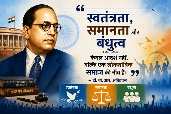 Portrait of Dr. B. R. Ambedkar with his famous quote on liberty, equality, and fraternity, set against the Indian Parliament, the Ashoka Chakra, and symbols of democracy and social justice.