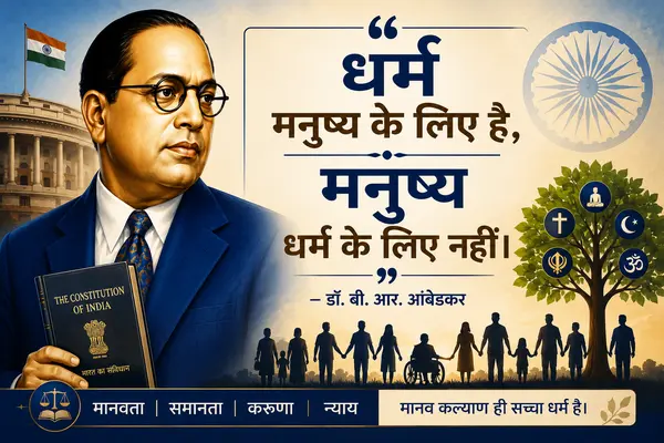 Portrait of Dr. B. R. Ambedkar holding the Constitution of India, accompanied by his famous quote in Hindi, "धर्म मनुष्य के लिए है, मनुष्य धर्म के लिए नहीं।" The banner features Lord Buddha, the Indian Parliament, the Ashoka Chakra, and symbols of humanity, justice, compassion, and equality.