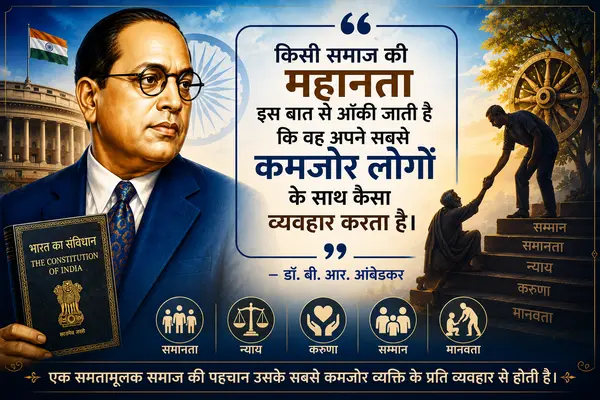 An inspirational digital poster featuring a portrait of Dr. B.R. Ambedkar holding a book titled 'The Constitution of India' on the left. In the center, a framed text box contains a Hindi quote about societal greatness and the treatment of vulnerable people, attributed to Dr. B.R. Ambedkar. On the right, an illustration shows a person helping another up a set of stairs labeled with values like respect, equality, justice, compassion, and humanity. The lower portion includes a row of matching icons with labels and a concluding thought at the bottom.