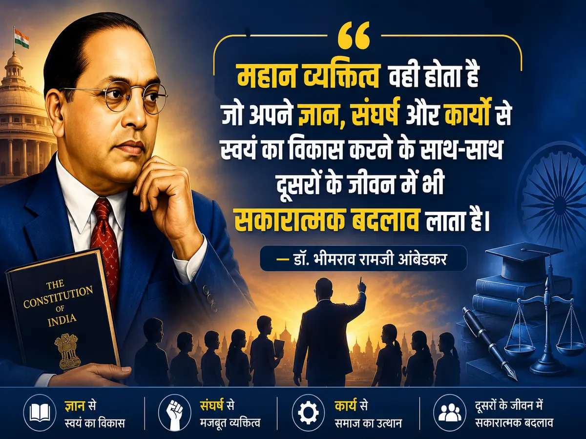 A motivational banner featuring Dr. B. R. Ambedkar holding the Constitution of India, alongside an inspiring Hindi quote about greatness through knowledge, struggle, and meaningful actions that bring positive change to society. Educational and justice-themed symbols reinforce the message of empowerment and social progress.