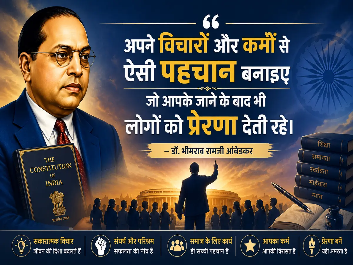 An inspirational digital banner featuring Dr. B. R. Ambedkar holding the Constitution of India with a motivational Hindi quote encouraging people to build a legacy through noble thoughts and meaningful actions that continue to inspire future generations.