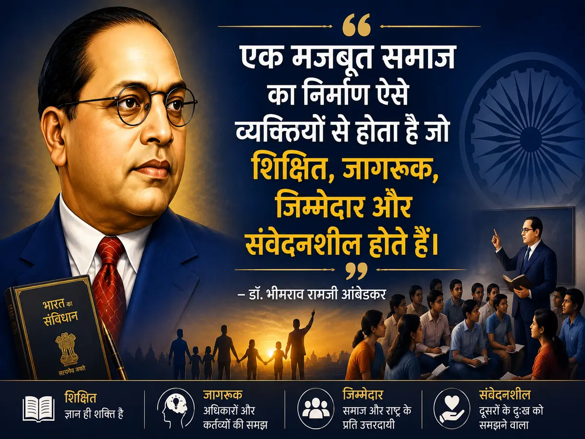 A motivational banner featuring a portrait of Dr. B. R. Ambedkar holding the Constitution of India with a Hindi quote emphasizing that a strong society is built by educated, aware, responsible, and compassionate individuals. The design includes students, educational symbols, and the Ashoka Chakra to represent knowledge, equality, and social progress.