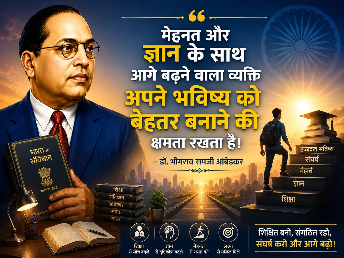 An inspirational banner featuring a portrait of Dr. B. R. Ambedkar holding the Constitution of India with a motivational Hindi quote about achieving a brighter future through hard work and knowledge. A student climbs a staircase of books toward the sunrise, symbolizing education, determination, and success.