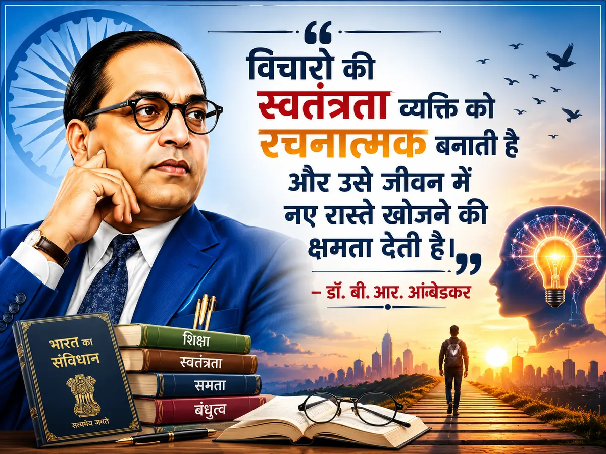 An inspirational poster featuring Dr. B. R. Ambedkar with the Constitution of India and a powerful Hindi quote about the freedom of thought. The artwork includes books, an open notebook, a glowing human mind, and a young person walking toward a bright horizon, symbolizing creativity, knowledge, innovation, and progress