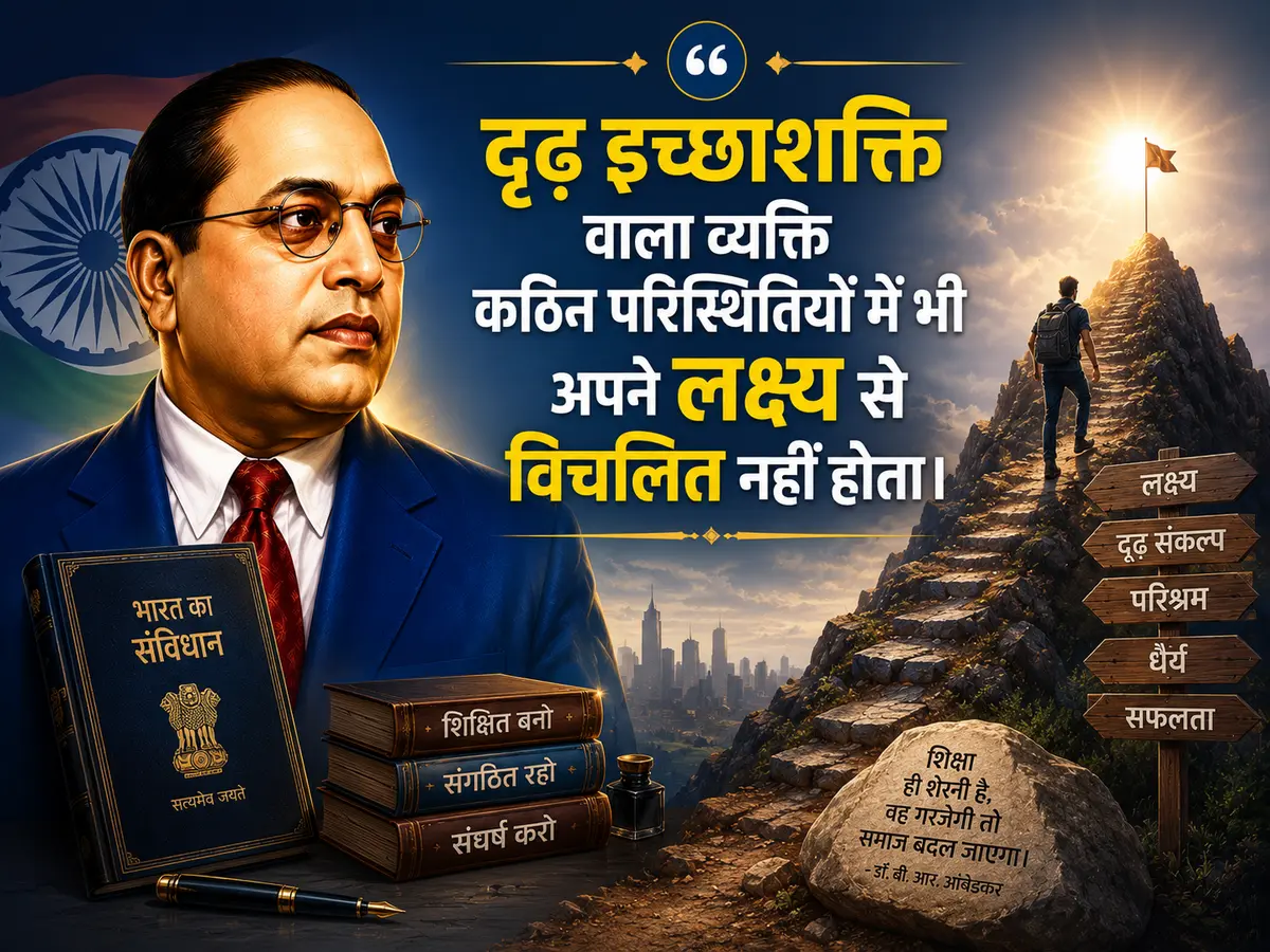 An inspirational banner featuring a portrait of Dr. B. R. Ambedkar holding the Constitution of India with a motivational Hindi quote about unwavering determination. The artwork shows a person climbing a steep mountain toward a flag at sunrise, symbolizing perseverance, courage, and the pursuit of success despite challenges.