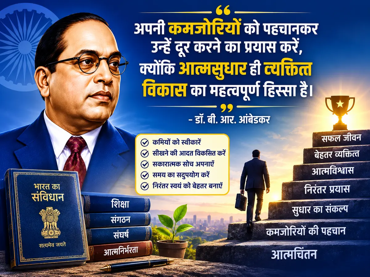 An inspirational banner featuring a portrait of Dr. B. R. Ambedkar holding the Constitution of India with a motivational Hindi quote about recognizing personal weaknesses and striving for self-improvement. The artwork includes books, a checklist of growth habits, a person climbing steps toward success, a trophy, and a rising sun symbolizing confidence, learning, and personal development.