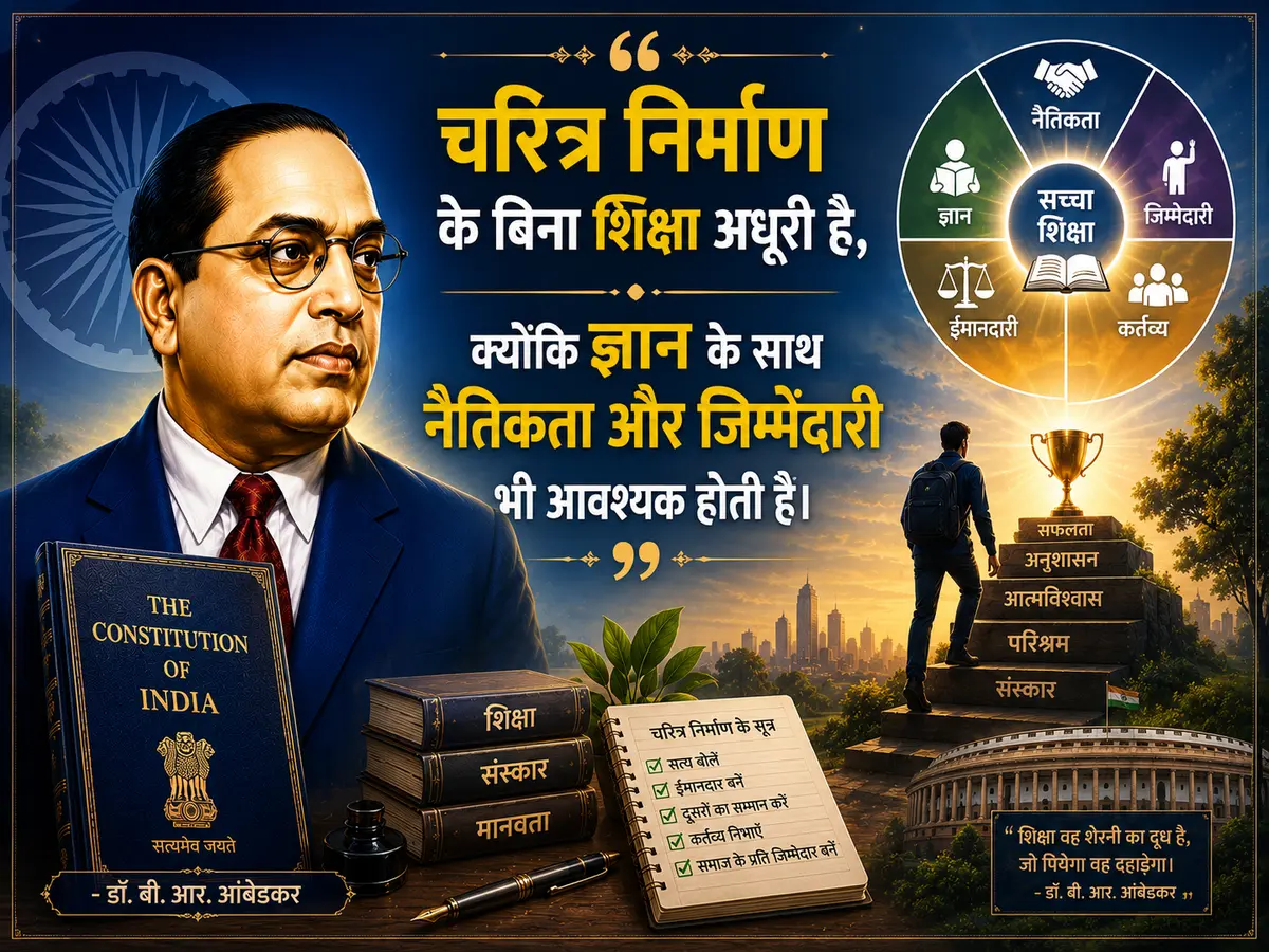 A digital banner featuring a portrait of Dr. B.R. Ambedkar on the left, holding a book titled 'The Constitution of India'. In the center, a quote in Hindi translates to 'Education without character building is incomplete, because along with knowledge, morality and responsibility are also necessary.' The right side displays a circular wheel of values, a person climbing a staircase towards a trophy, books, a notebook with principles, and the Indian Parliament building in the background.