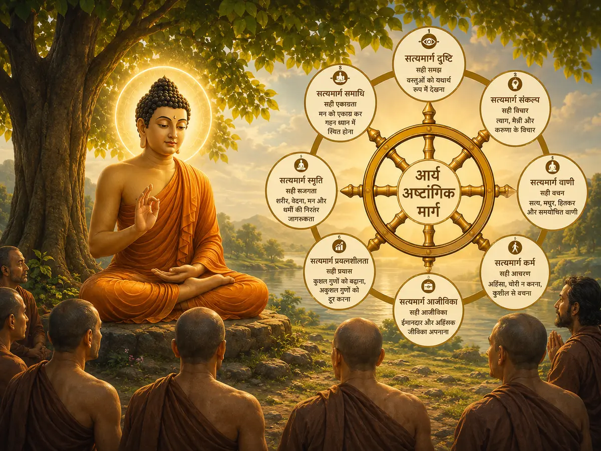 Lord Buddha teaching the Arya Ashtangik Marg (Noble Eightfold Path) beneath a Bodhi tree, surrounded by disciples, with the Dhammachakra symbolizing the Eightfold Path to wisdom, compassion, and liberation from suffering.
