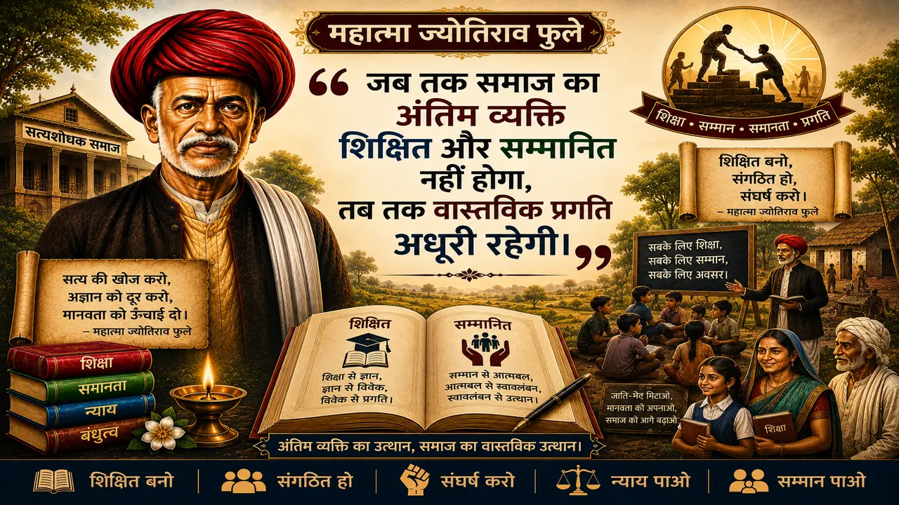 Digital banner featuring a portrait of Mahatma Jyotirao Phule on the left, an open book with inspirational quotes in the center, and a scene of children studying with teachers on the right, accompanied by text in Hindi promoting education and social equality.