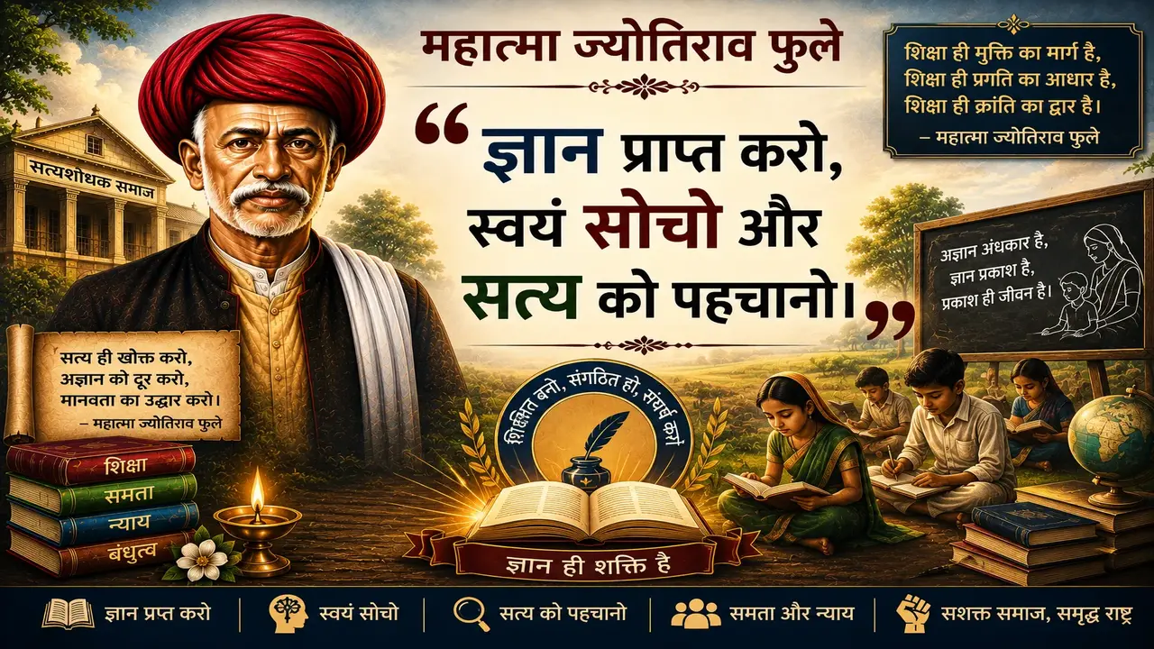 Illustrated banner of Mahatma Jyotirao Phule featuring his inspirational quote, "ज्ञान प्राप्त करो, स्वयं सोचो और सत्य को पहचानो।" The artwork includes students studying, books symbolizing education, the Satyashodhak Samaj building, and educational messages highlighting knowledge, equality, justice, and social reform.