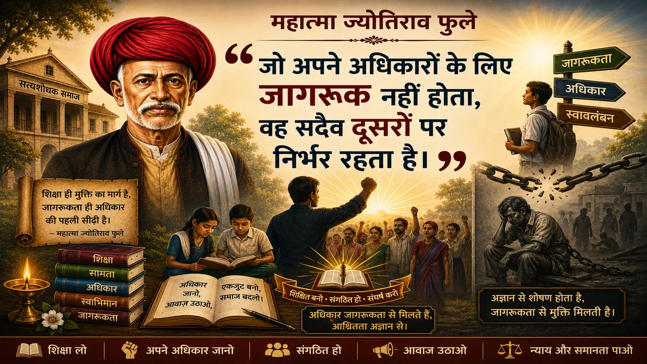 A digital poster featuring a portrait of Mahatma Jyotirao Phule wearing a red turban on the left, a prominent Hindi quote about awareness and rights, a gathering of people with raised fists, and educational elements like books and a glowing lamp.