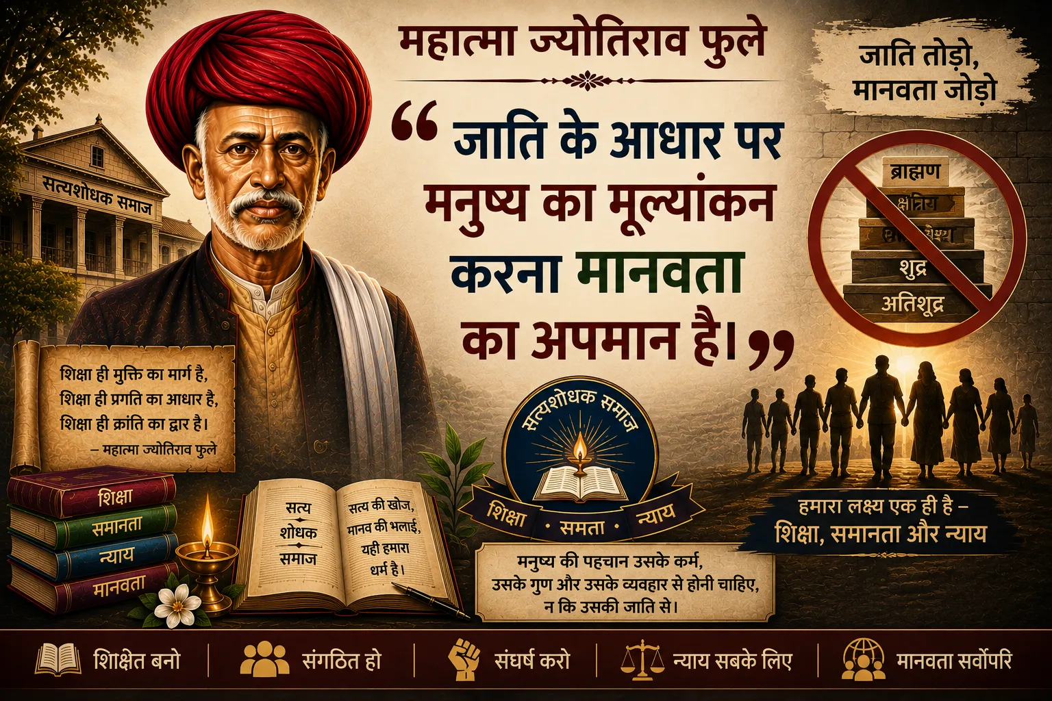 A digital poster honoring Mahatma Jyotirao Phule, featuring his portrait on the left, a central Hindi quote about caste evaluation and humanity, a stack of books, a glowing oil lamp, a Satyashodhak Samaj emblem, and silhouettes of people holding hands on the right.