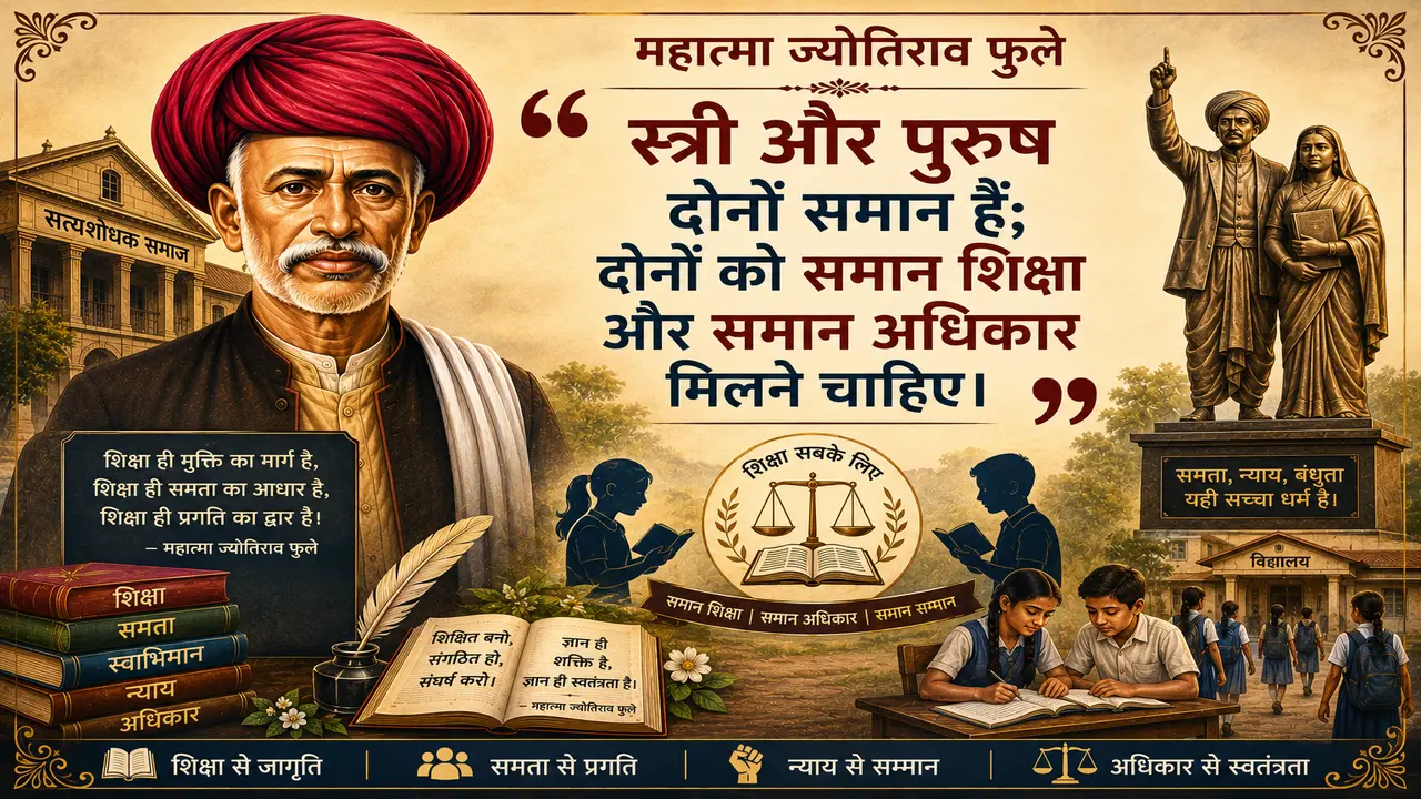 A digital poster featuring a portrait of Mahatma Jyotirao Phule wearing a red turban on the left, a large quote in Hindi about gender equality and equal rights, a statue of Mahatma and Savitribai Phule on the upper right, and students studying at the bottom.