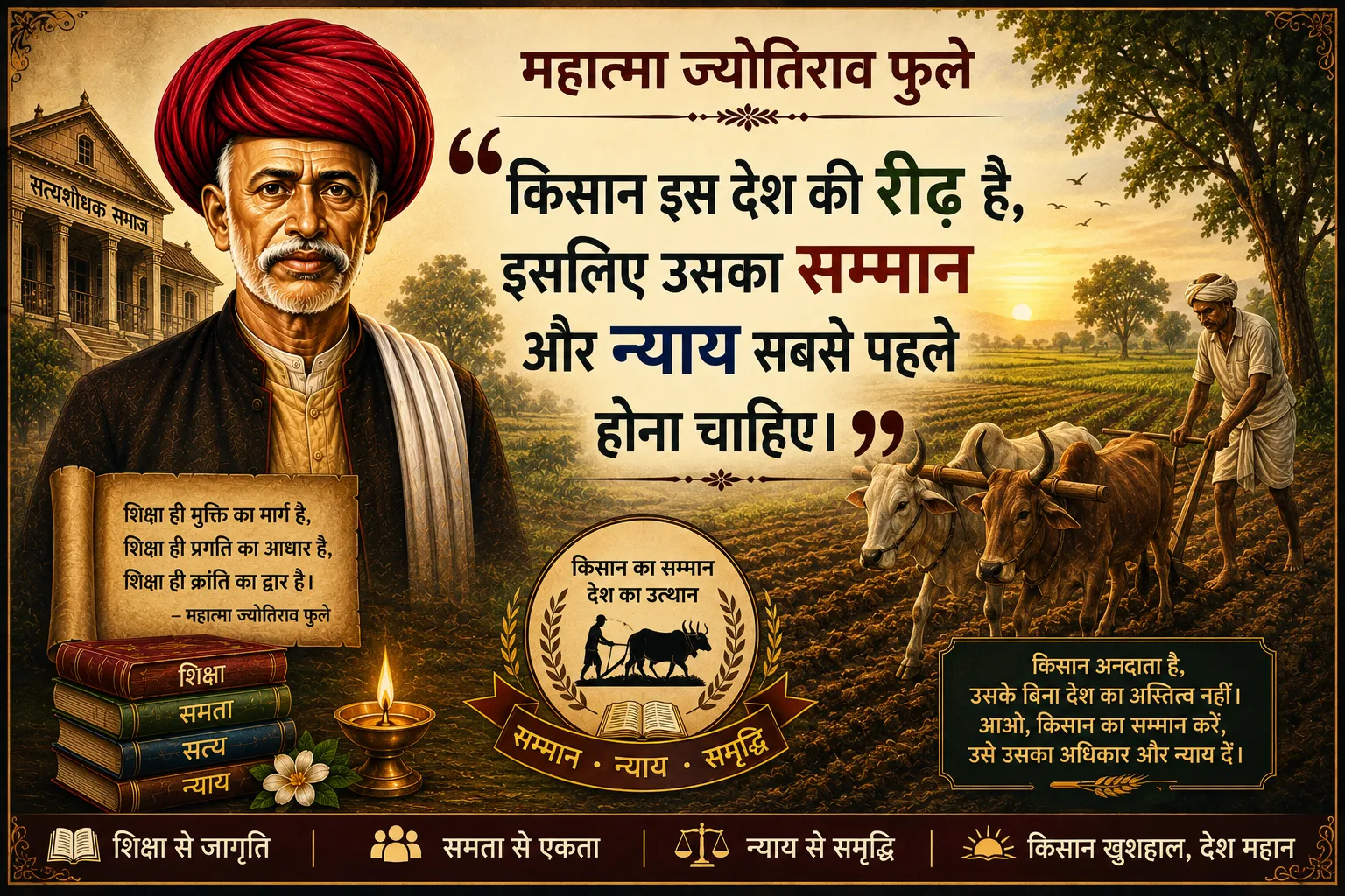 A digital poster honoring Mahatma Jyotirao Phule, featuring his portrait on the left, a large Hindi quote about farmers in the center, and a scene of a farmer plowing a field on the right.