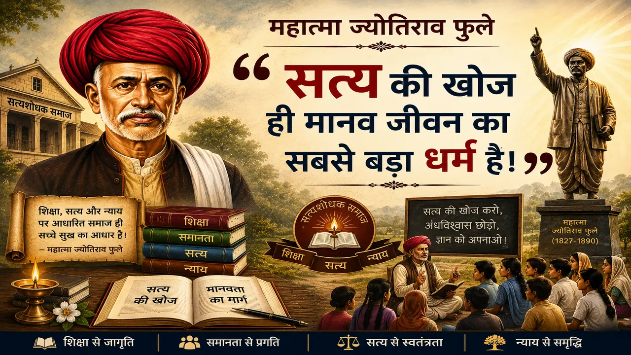 A digital poster featuring a portrait of Mahatma Jyotirao Phule wearing a red turban on the left, a large quote in Hindi about the pursuit of truth, a statue of Phule on the right, and a classroom scene with students at the bottom.