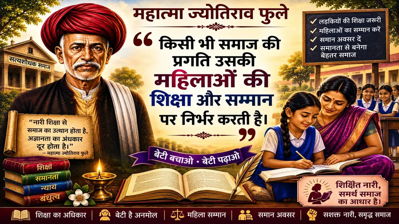 Illustrated banner of Mahatma Jyotirao Phule featuring the quote, "किसी भी समाज की प्रगति उसकी महिलाओं की शिक्षा और सम्मान पर निर्भर करती है।" The artwork shows Phule, the Satyashodhak Samaj building, a teacher educating a young girl, schoolgirls in a classroom, books symbolizing knowledge, and messages promoting women's education, equality, dignity, and social progress.