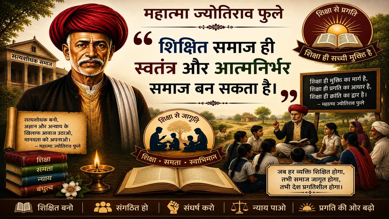 Illustrated banner of Mahatma Jyotirao Phule featuring the quote, "शिक्षित समाज ही स्वतंत्र और आत्मनिर्भर समाज बन सकता है।" The artwork depicts Phule, the Satyashodhak Samaj building, students receiving education, books symbolizing knowledge, and messages promoting education, equality, justice, self-respect, and social progress.