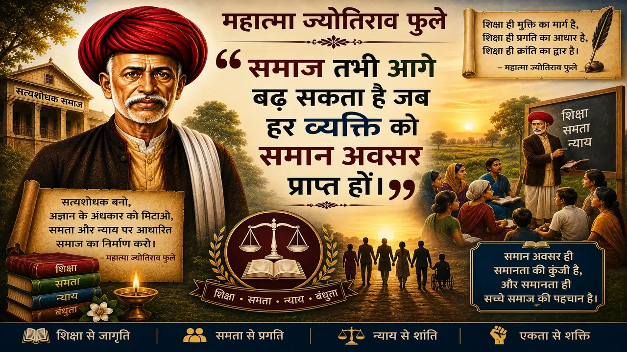 Illustrated banner of Mahatma Jyotirao Phule with the inspirational quote, "समाज तभी आगे बढ़ सकता है जब हर व्यक्ति को समान अवसर प्राप्त हों।" The artwork features Phule, the Satyashodhak Samaj building, a classroom promoting education, students, books, and symbols of equality, justice, and social reform.