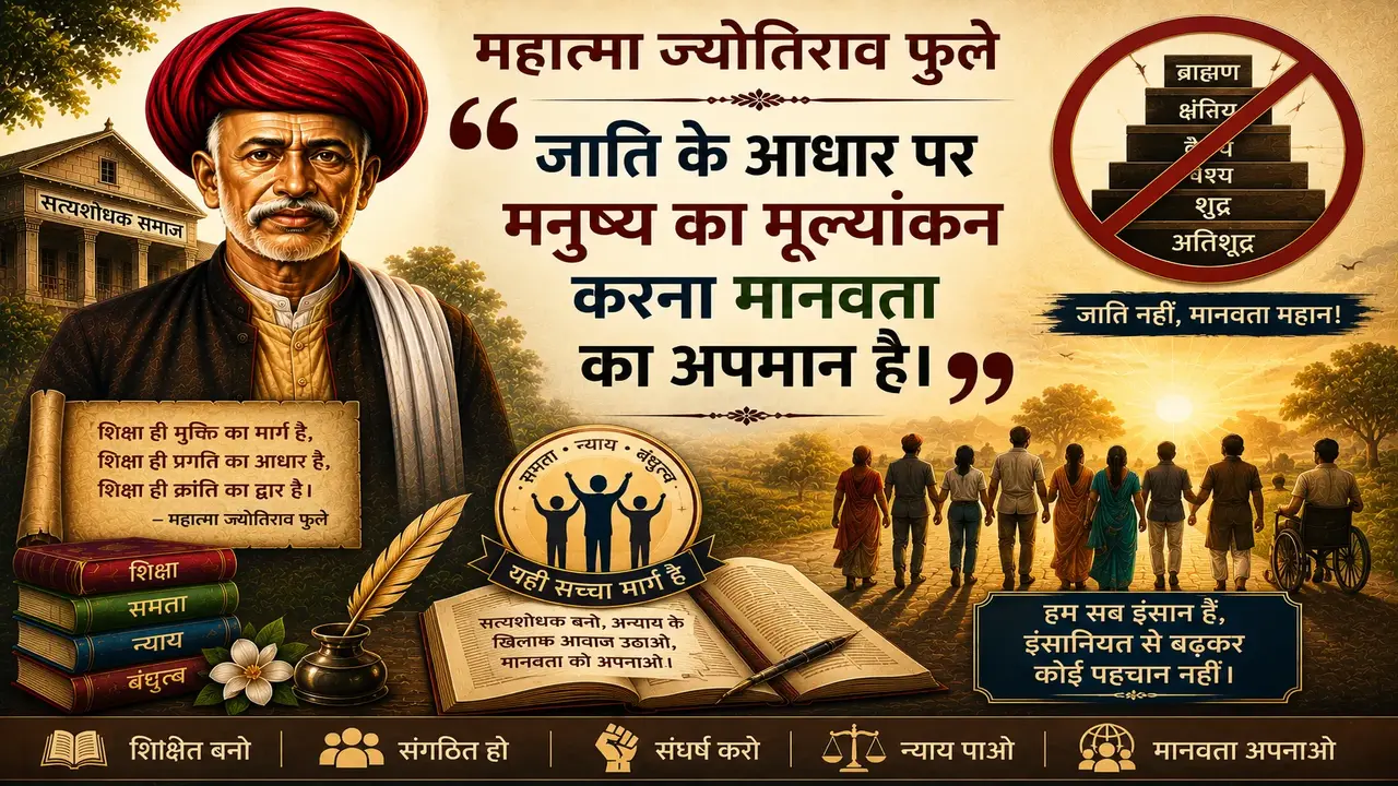 Illustrated banner of Mahatma Jyotirao Phule featuring the quote, "जाति के आधार पर मनुष्य का मूल्यांकन करना मानवता का अपमान है।" The artwork depicts Phule, the Satyashodhak Samaj building, books symbolizing education, a crossed-out caste hierarchy, and people from diverse backgrounds walking together to represent equality, justice, and humanity.
