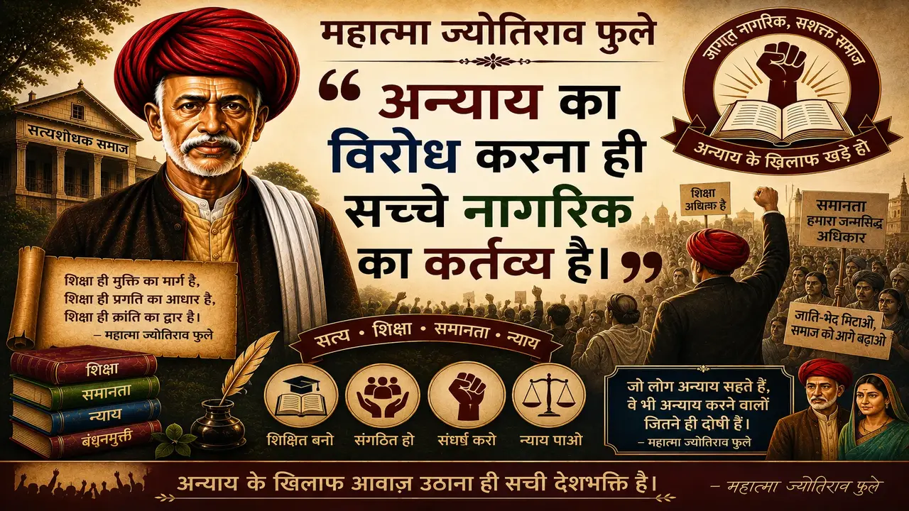 Illustrated banner of Mahatma Jyotirao Phule featuring the quote, "अन्याय का विरोध करना ही सच्चे नागरिक का कर्तव्य है।" The artwork depicts Phule, the Satyashodhak Samaj building, books symbolizing education, a peaceful public movement for equality and justice, and messages promoting education, social reform, and the courage to stand against injustice.