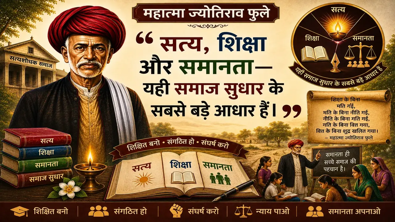 Illustrated banner of Mahatma Jyotirao Phule featuring the quote, "सत्य, शिक्षा और समानता—यही समाज सुधार के सबसे बड़े आधार हैं।" The artwork depicts Phule, the Satyashodhak Samaj building, books representing truth, education, and equality, students learning, and symbols of justice and social reform.