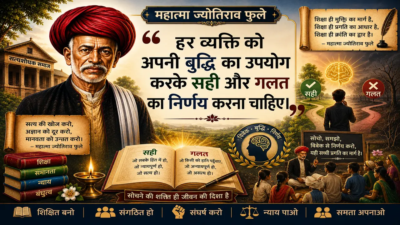 Illustrated banner of Mahatma Jyotirao Phule featuring the quote, "हर व्यक्ति को अपनी बुद्धि का उपयोग करके सही और गलत का निर्णय करना चाहिए।" The artwork depicts Phule, the Satyashodhak Samaj building, an open book comparing right and wrong, a symbolic crossroads, students learning, and educational themes promoting wisdom, critical thinking, truth, equality, and social reform.