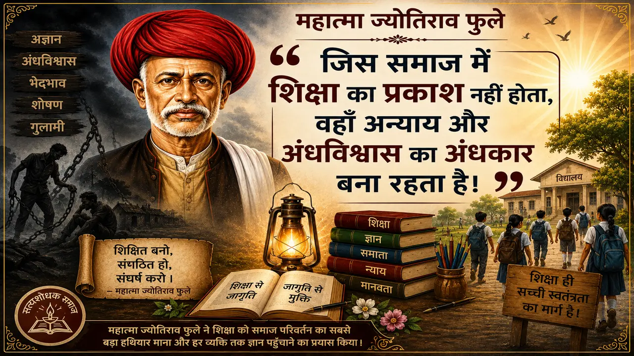 A digital poster featuring a portrait of Mahatma Jyotirao Phule on the left wearing a red turban, with a prominent Hindi quote about education and darkness on the right, alongside a glowing lantern, a stack of books, and children walking toward a school in the background.