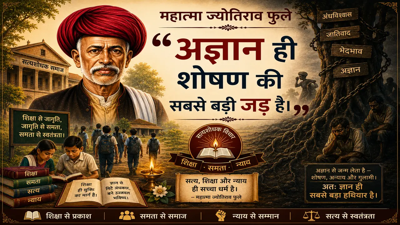 A digital poster featuring a portrait of Mahatma Jyotirao Phule in a red turban on the left, a prominent Hindi quote about ignorance and exploitation, scenes of education and oppression, and various symbolic elements like books, a lamp, and a tree with social evils.