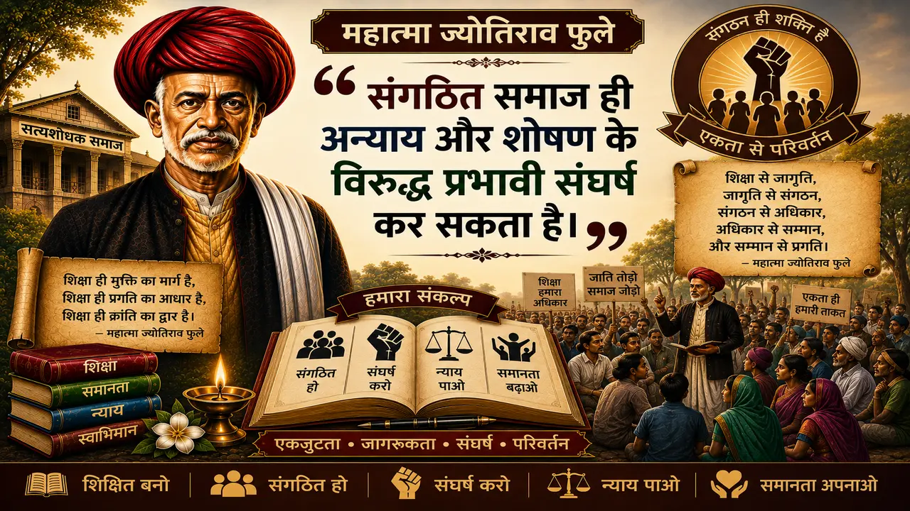 Digital graphic featuring a portrait of Mahatma Jyotirao Phule on the left, a central quote in Hindi on collective power and justice, an open book displaying core values, and a gathering of people with reform banners on the right.