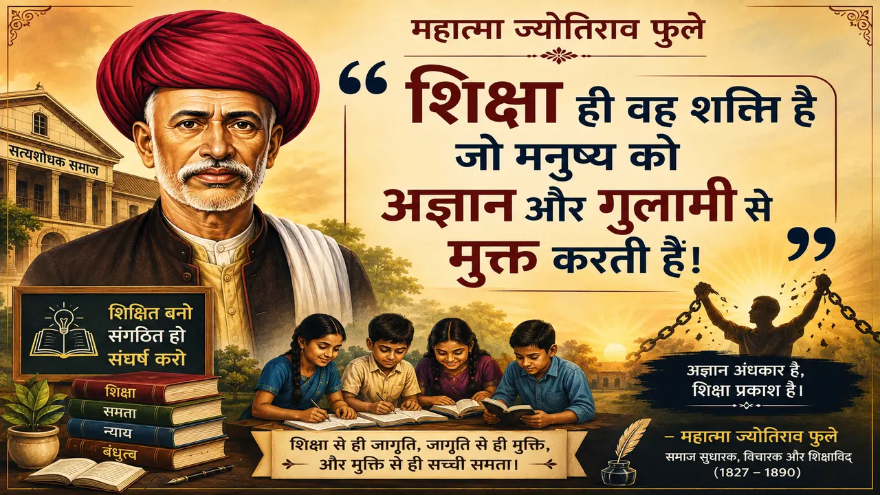 Illustrated banner of Mahatma Jyotirao Phule featuring the Hindi quote, "शिक्षा ही वह शक्ति है जो मनुष्य को अज्ञान और गुलामी से मुक्त करती है।" The artwork symbolizes education, equality, freedom, and social reform with books, students, broken chains, and the ideals of knowledge and justice.