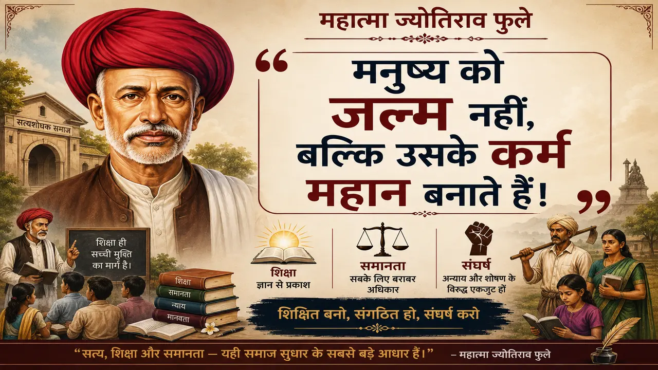 Illustrated banner of Mahatma Jyotirao Phule featuring the Hindi quote, "मनुष्य को जन्म नहीं, बल्कि उसके कर्म महान बनाते हैं।" The artwork highlights education, equality, justice, and the dignity of hard work through symbolic visuals of books, students, workers, and social reform.