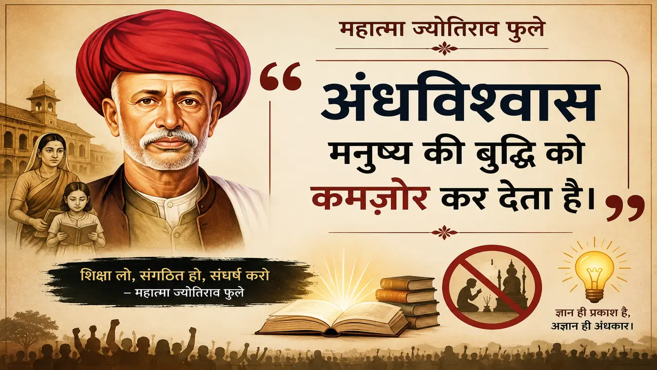 Illustration of Mahatma Jyotiba Phule with his famous quote in Hindi, "अंधविश्वास मनुष्य की बुद्धि को कमजोर कर देता है।", highlighting the importance of education, rational thinking, and rejecting superstition.